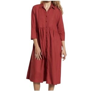 Good For Sunday Red Linen Midi Shirt Dress 3/4 Sleeve Button Front Canada M